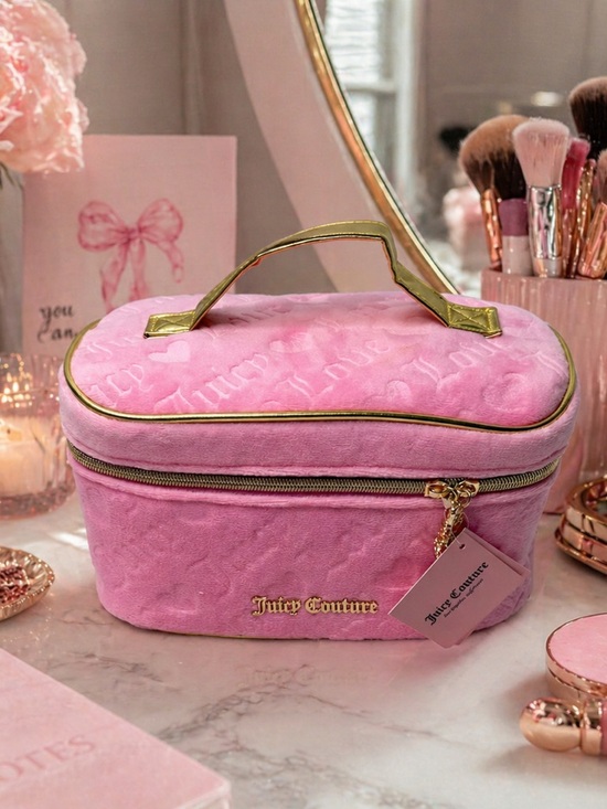 Juicy Couture Handbags - Juicy Couture Pink Velour Travel Case NWT Gold Trim Y2K Makeup Bag
